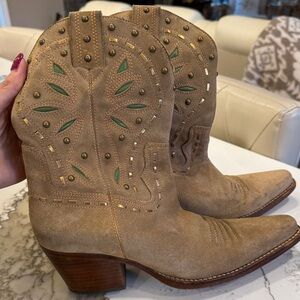 Cole Haan Tan and Green Studded Heeled Boots